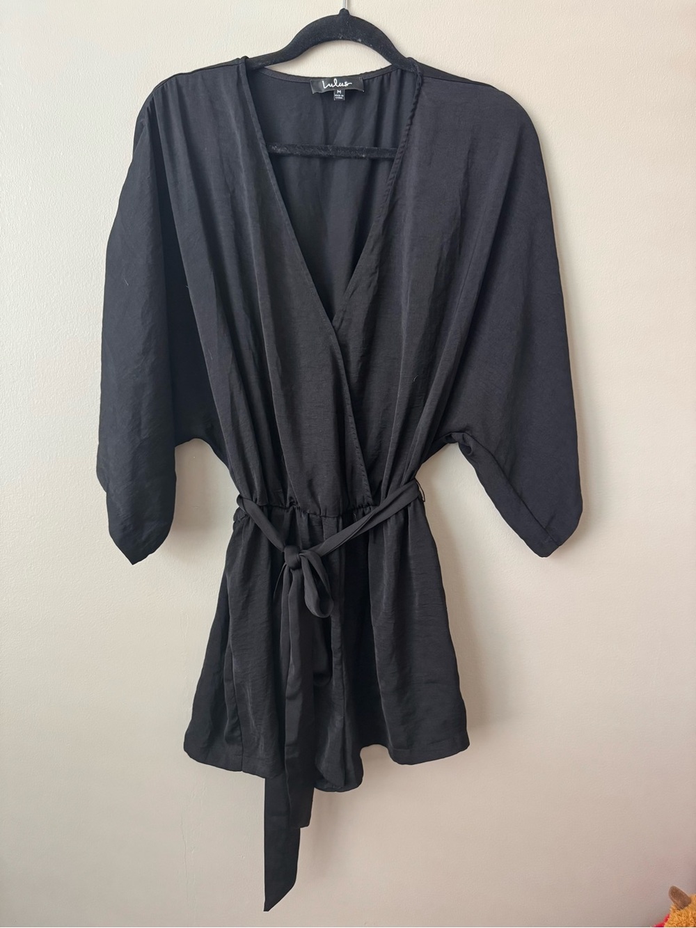 Lulu's Black Satin-Style Wrap Romper with Tie Waist